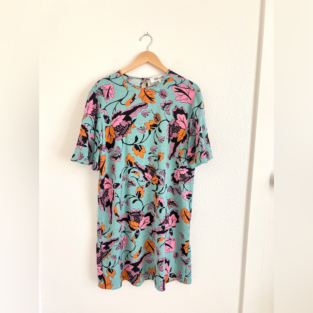 Diane Von Furstenberg Mint Floral Shift Dress with Pink & Orange Accents